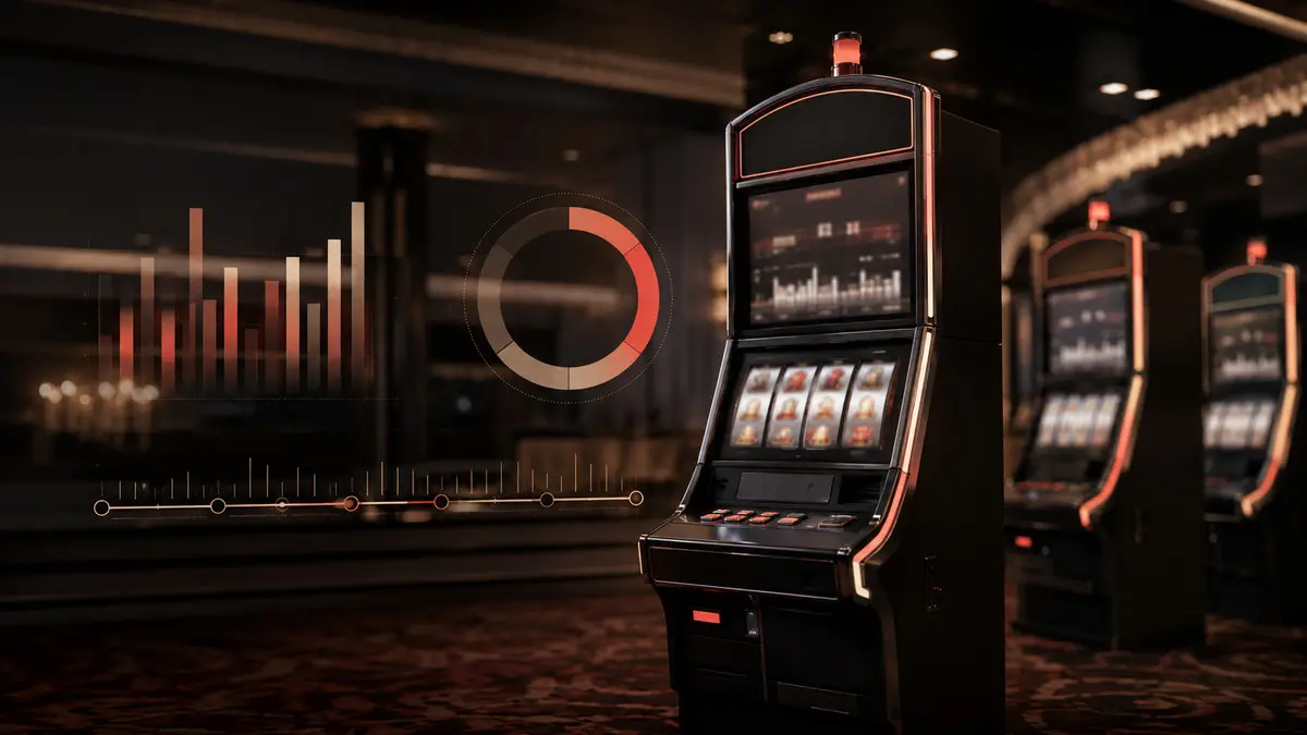 Slot machine performance metrics represented by analytical overlays beside a modern casino slot cabinet